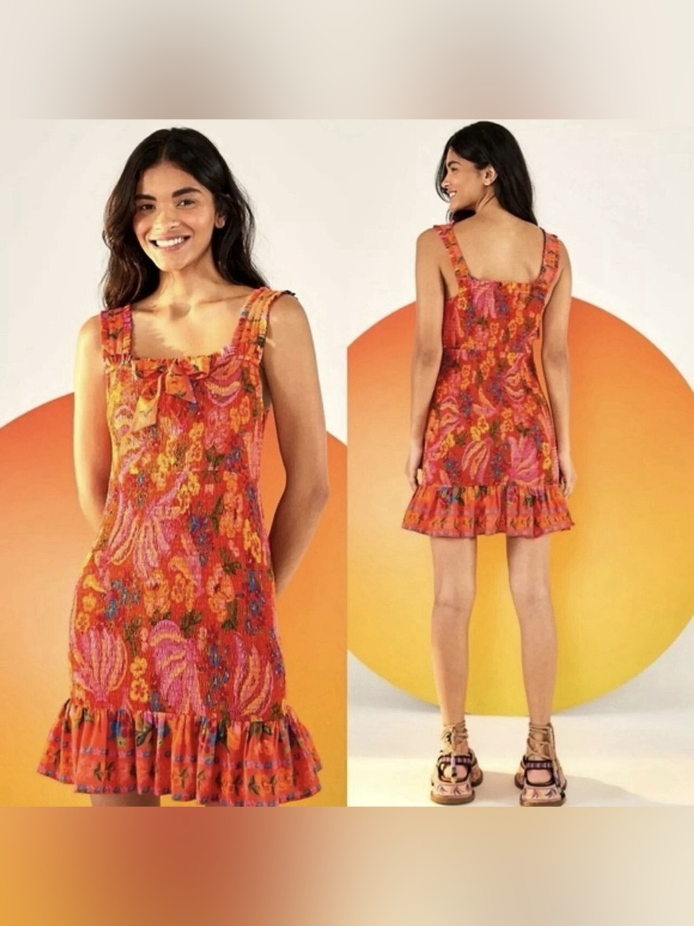 FARM Rio Orange and Pink Floral Mini Dress with Ruffle Hem